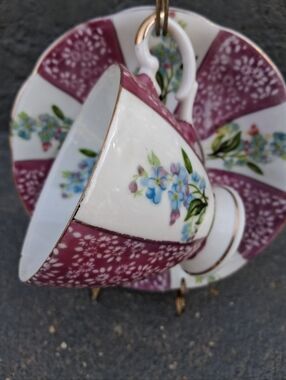 Vintage Floral Teacup and Saucer Set in Deep Pink and White